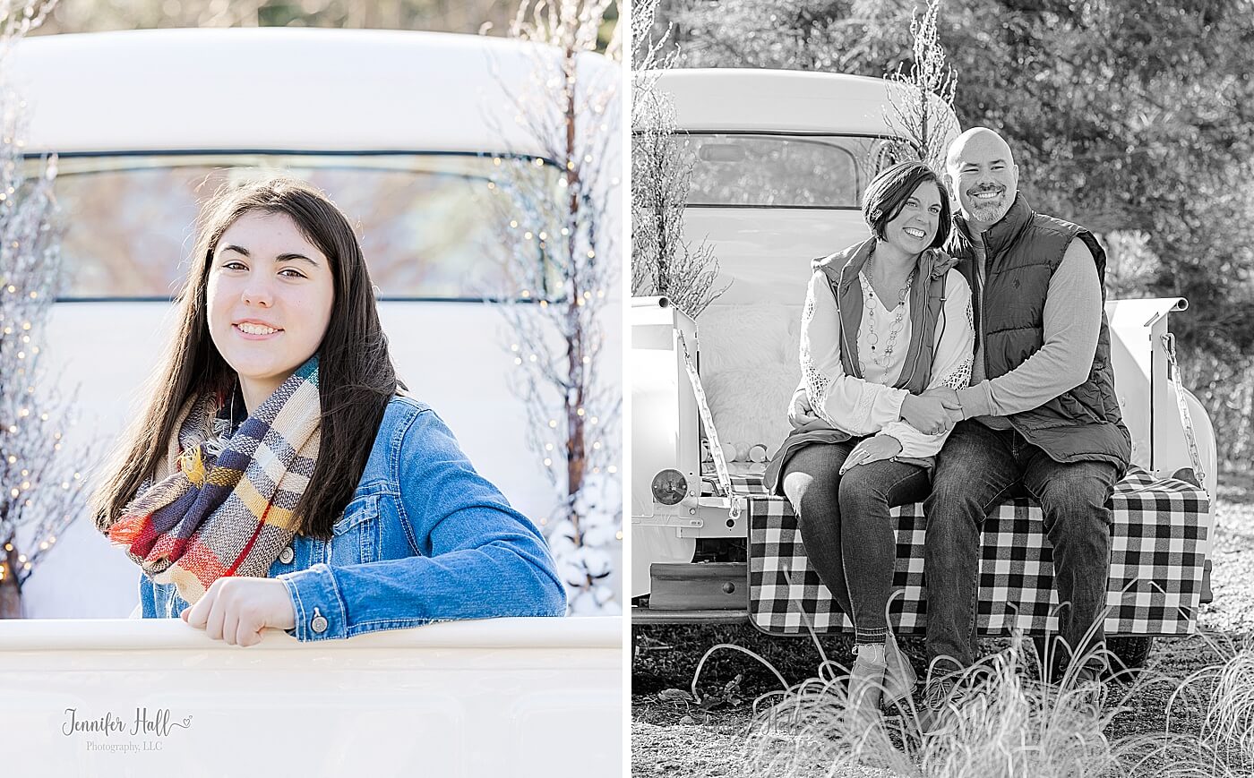 Girl sitting in a white truck and her mother and father in a white Christmas truck in North East, PA.