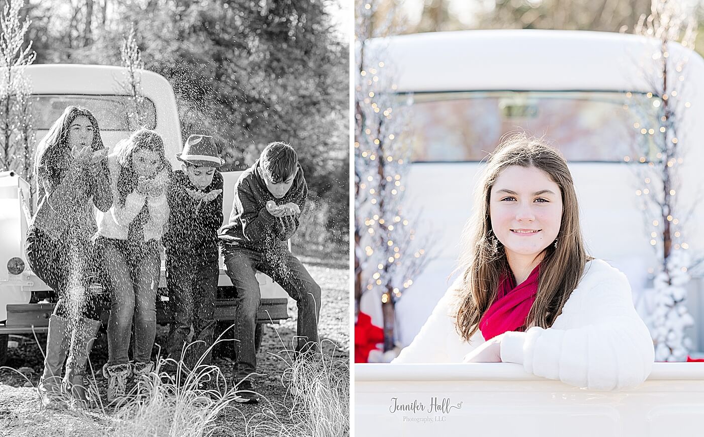 Kids blowing glitter and a sister sitting in a white truck outdoors in North East, PA.