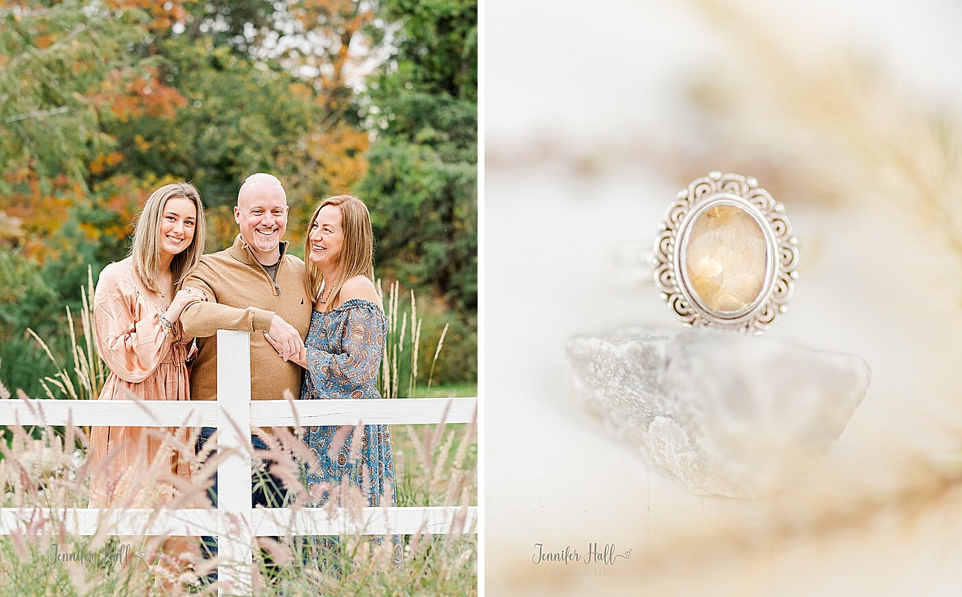 Family standing by a white fence and a yellow ring on a white stone in North East, PA.