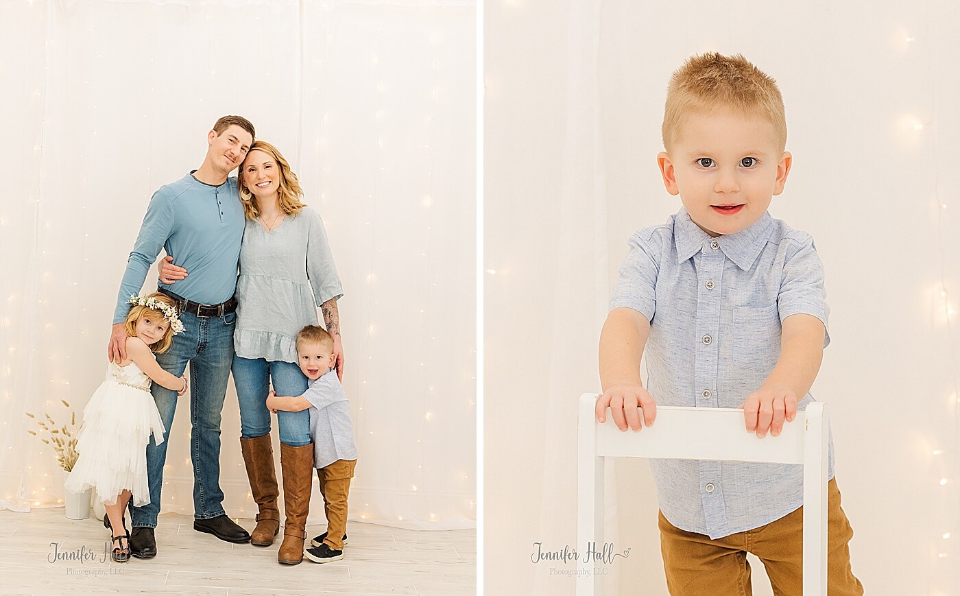 Family with blue outfits standing together, and a boy standing by a white chair in front of a light wall near Erie, PA.