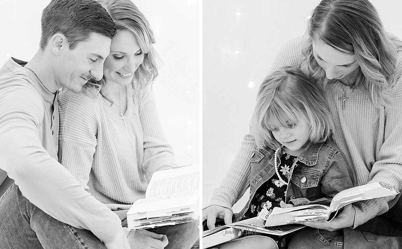 Husband and wife reading the Bible together, and mother and daughter reading the Bible together in a photography studio near Erie, PA.