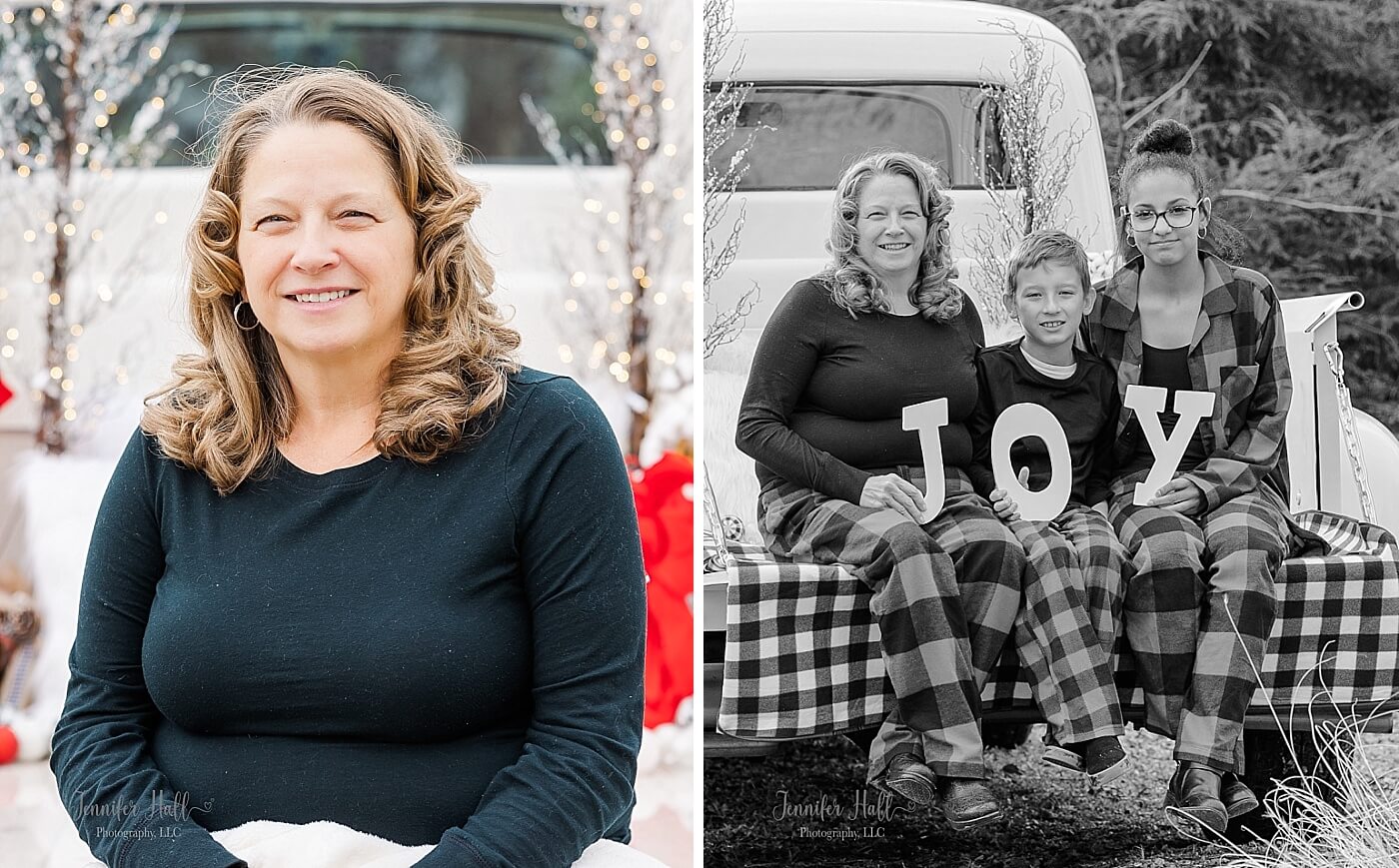 Mother with a blanket on her lap in a vintage truck, and a family holding the letters to form the word “JOY."