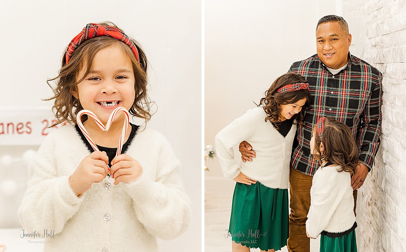 Daughter holding candy canes to form a heart, and a father standing by his daughters by a white wall near Erie, PA.