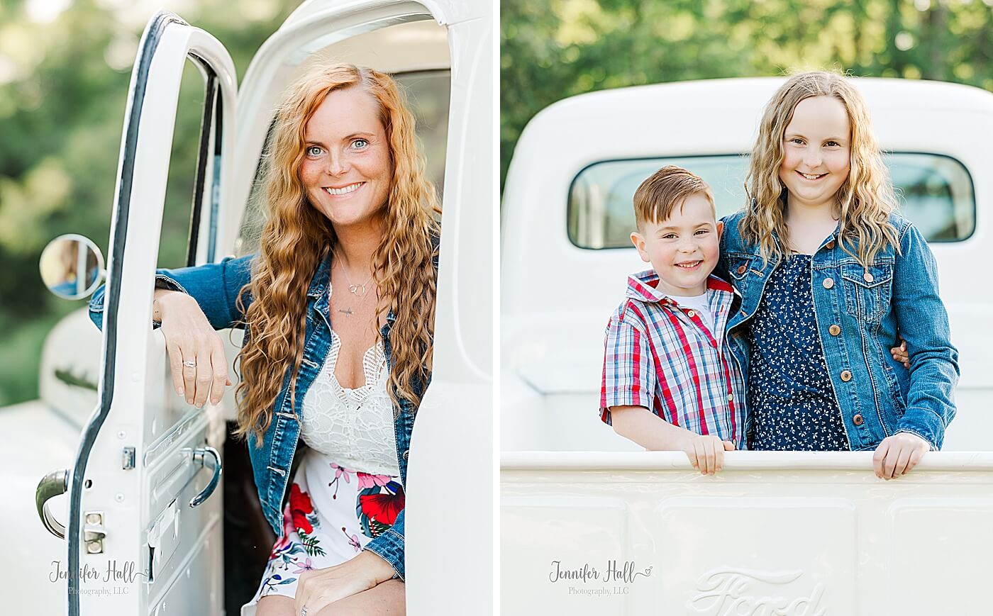 Mother in the front and kids in the back of a white truck for summer family photos with a vintage truck near Erie, PA.