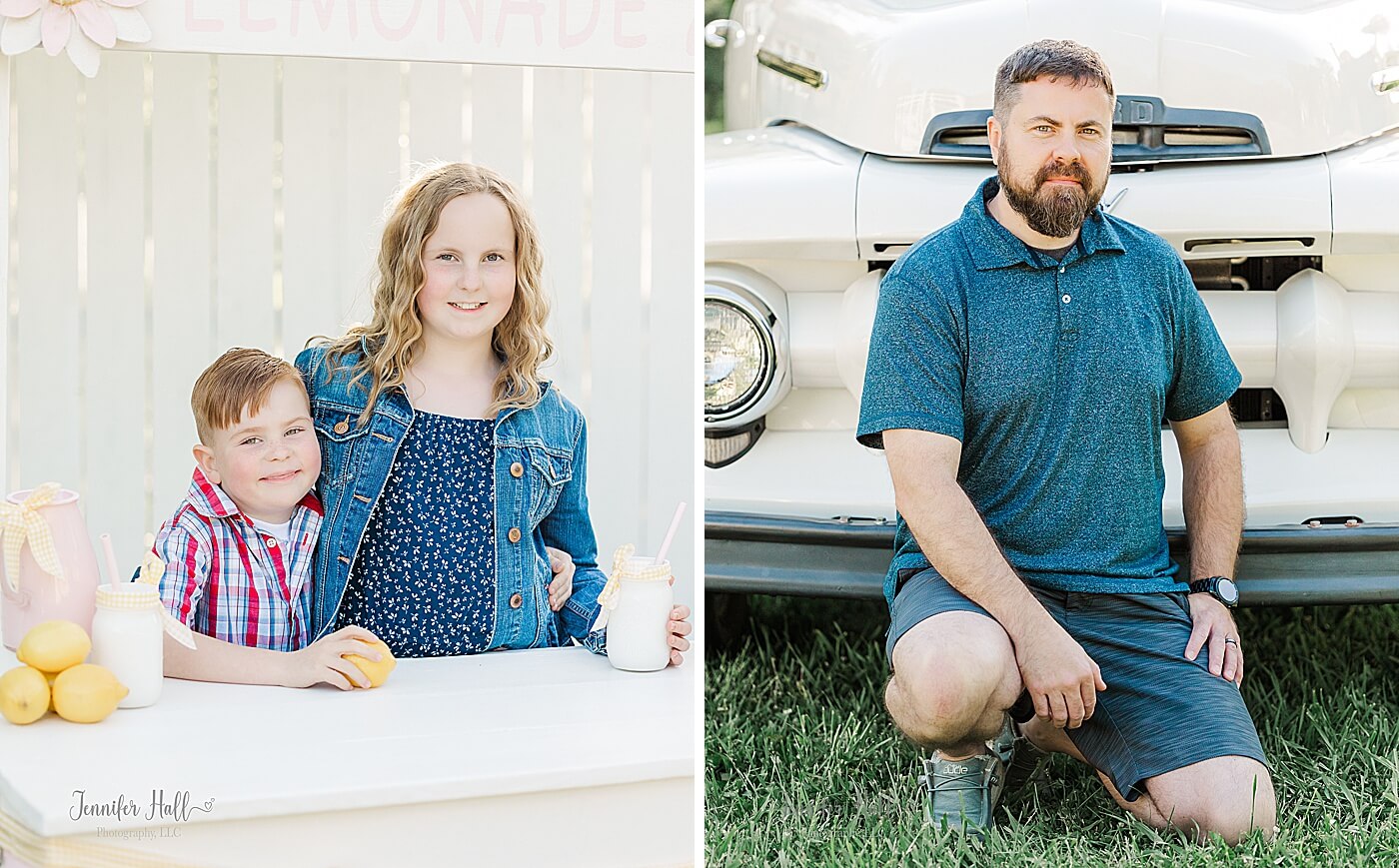 Kids standing by a lemonade stand with lemons and their father kneeling by a vintage truck near Erie, PA.