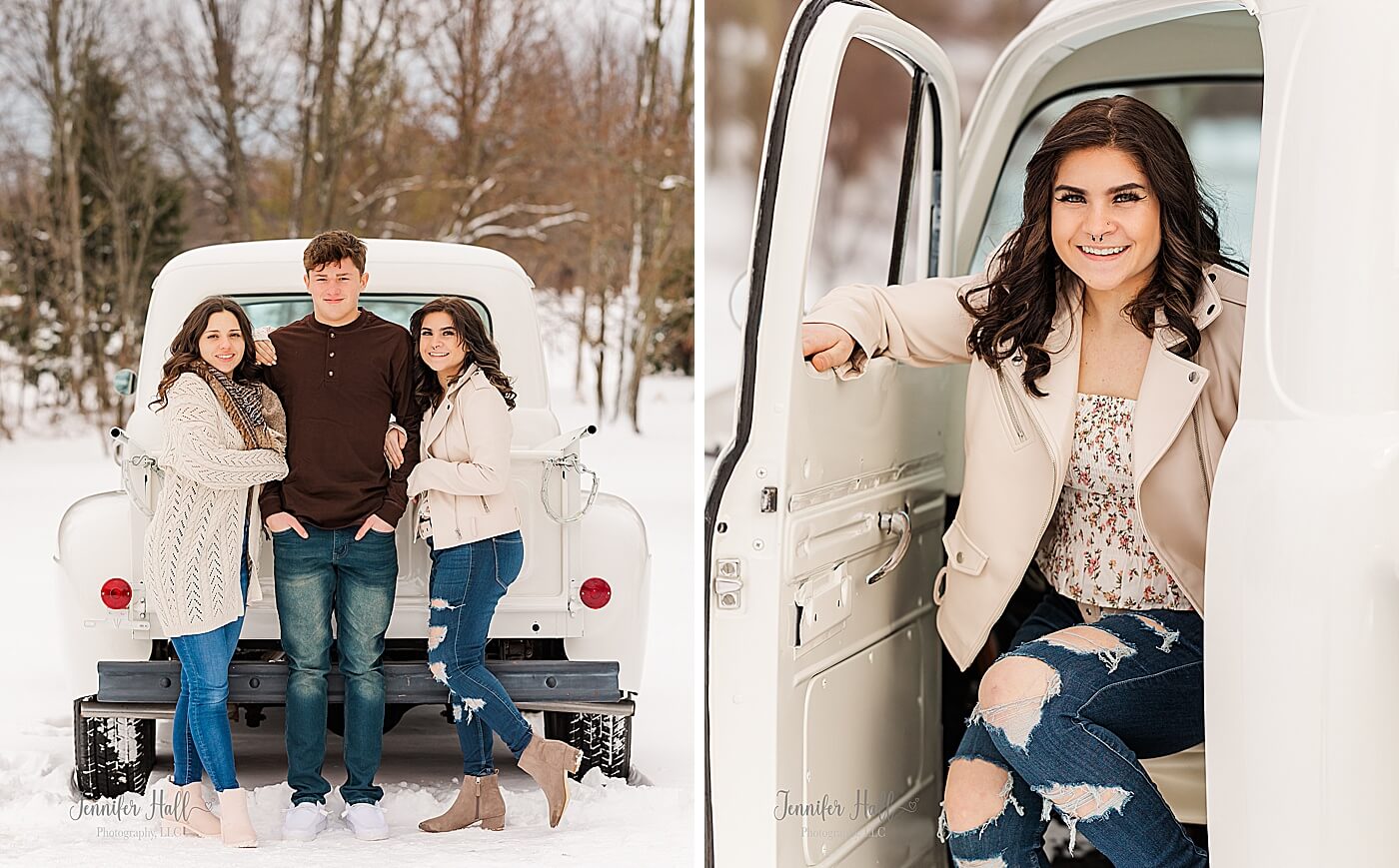 Kids standing by a truck and a girl sitting in a truck outdoors in the snow near Erie, PA.