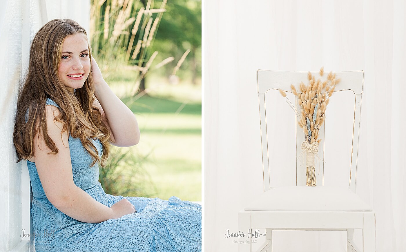 Girl with a blue dress sitting by a white barn door outdoors, and a bouquet of brown and blue flowers sitting on a white chair in a portrait studio to show styling tips for her.