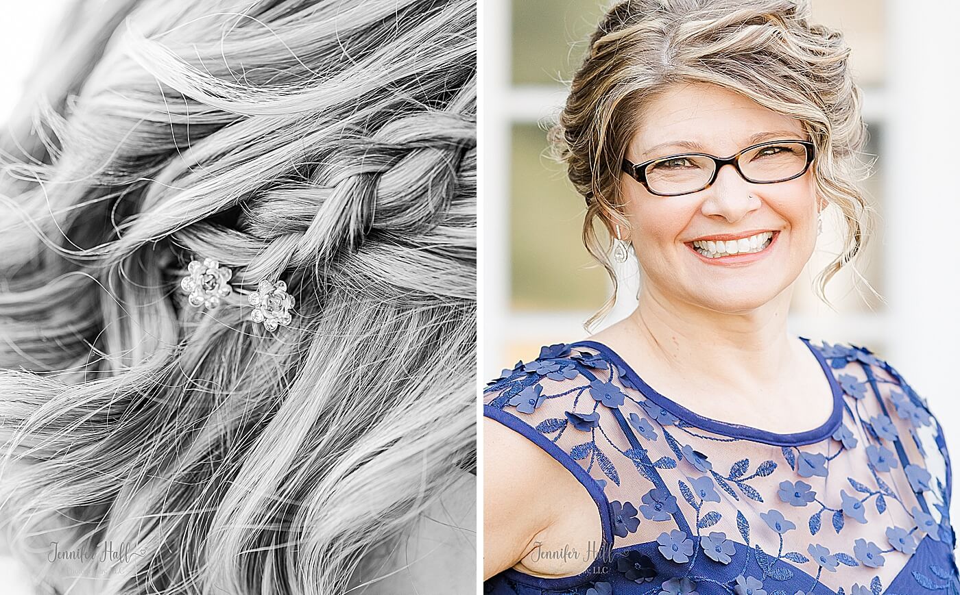 Hairpin in a woman’s hair, and a woman with a navy blue dress outdoors to show styling tips for her.