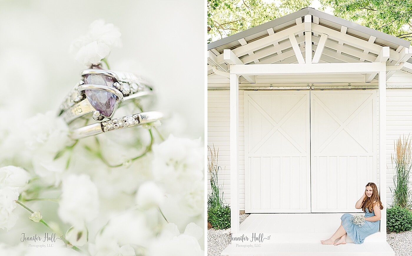 Blue, purple ring in white flowers, and a girl sitting on an “Outside Grand Entrance” outdoors in North East, PA.