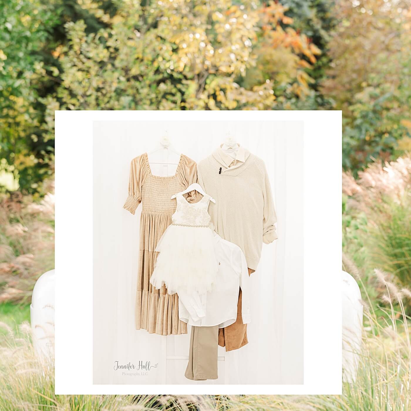 French gold and bronze outfits by leaves outdoors. 