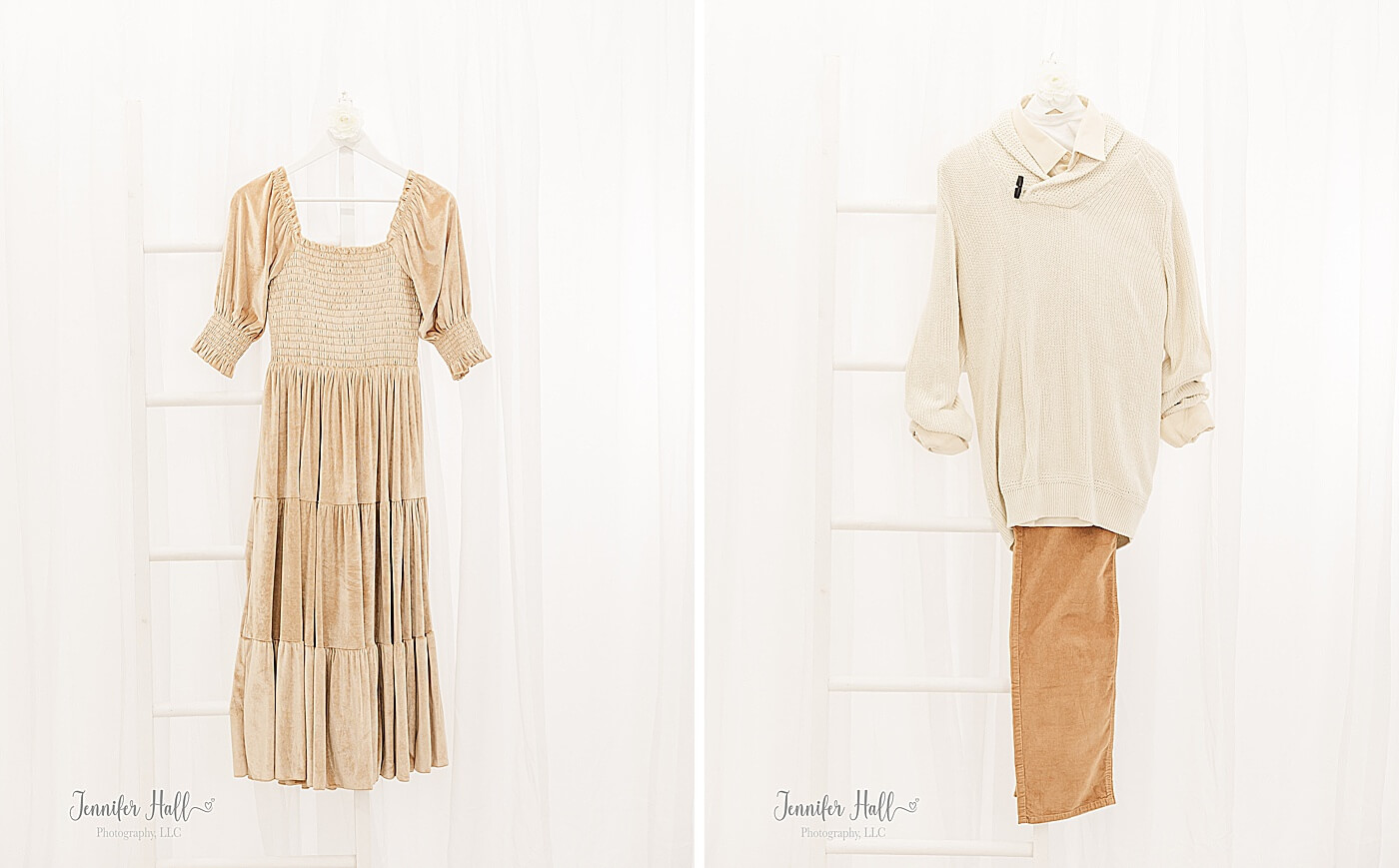 French gold woman’s dress and a man’s beige sweater hanging up.