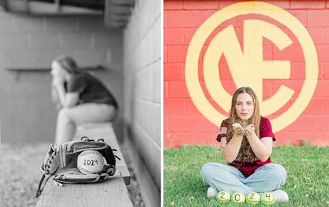 Girl by her mitt with a softball in a softball dugout, and a girl blowing glitter by softballs spelling out “2024” at a softball field in North East, PA.