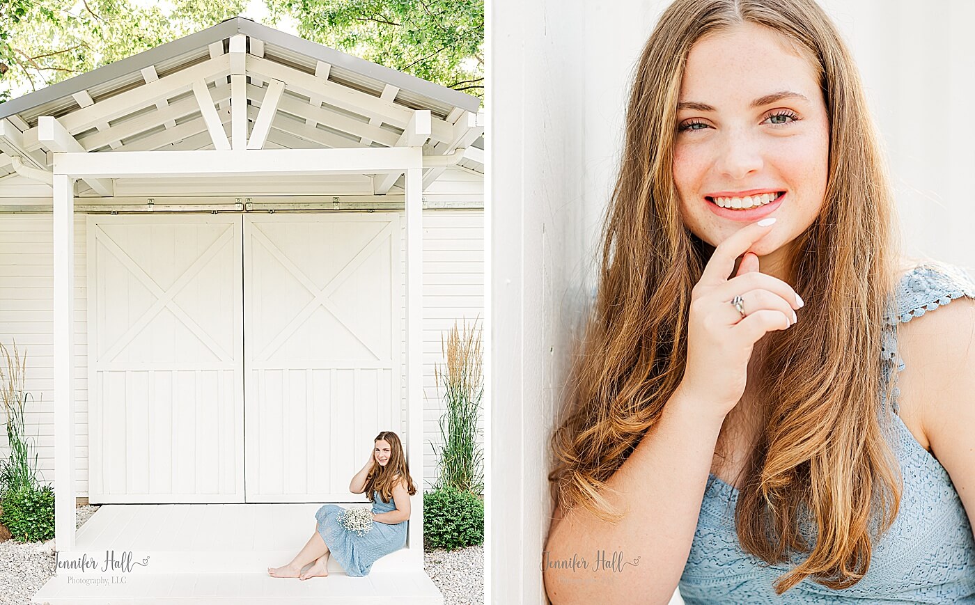 Girl with a blue dress sitting outdoors in a white “Outside Grand Entrance,” and a girl holding her chin by a white fence in North East, PA.