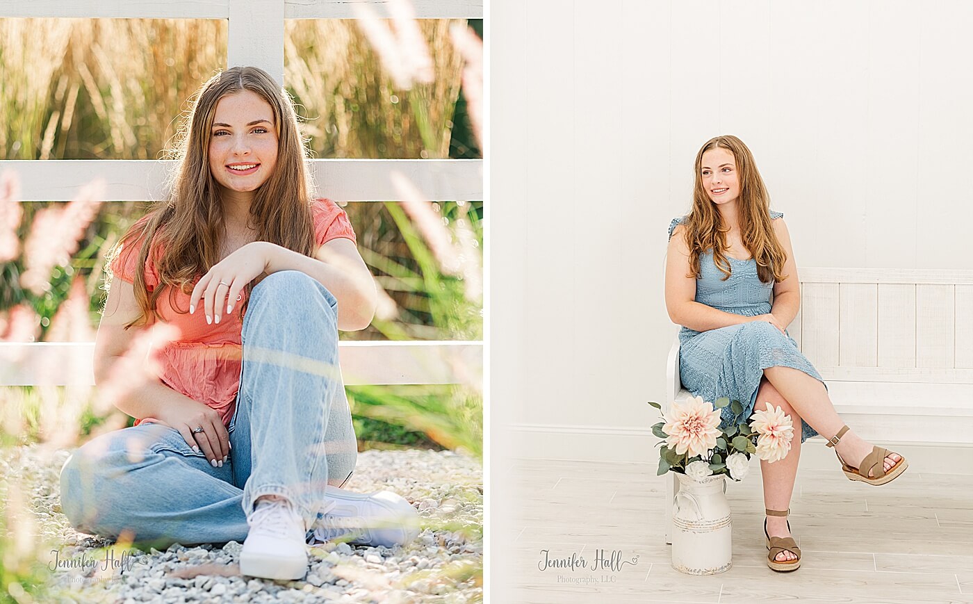 Girl sitting by a white fence with ornamental grasses outdoors, and a girl sitting on a white bench with flowers in an indoor photo studio.