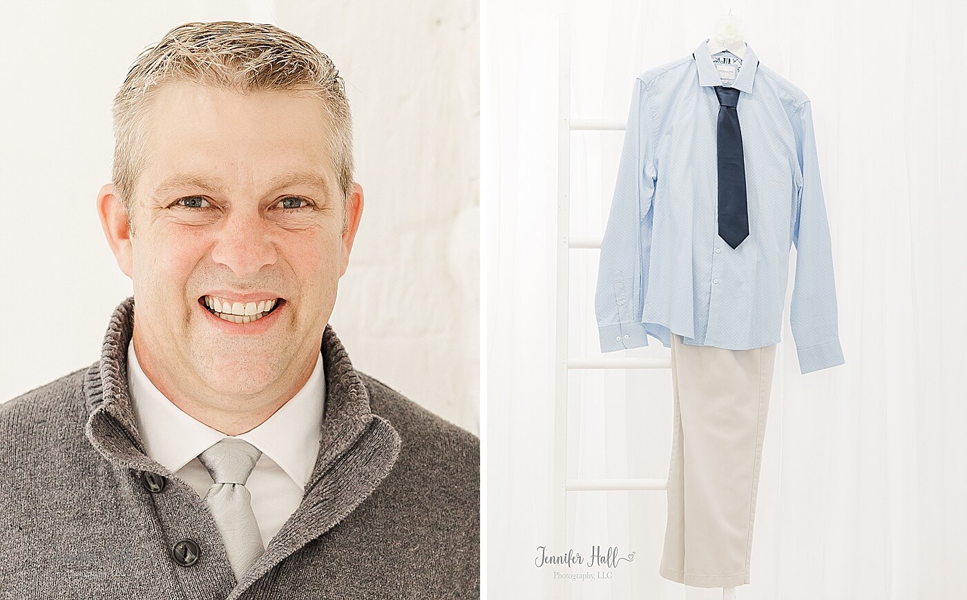 Man with a silver sand sweater; a white solid, collared shirt; and a light silver tie, and a powder blue solid, collared shirt with a navy blue tie and beige khakis.