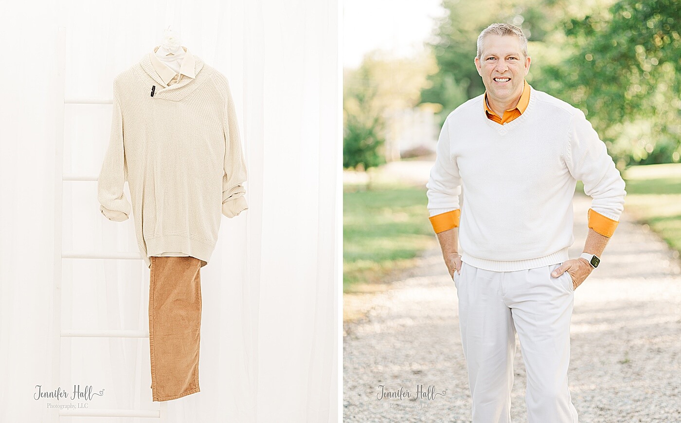 Man’s outfit with a beige sweater, a white T-shirt, a beige collared shirt, and mustard corduroys, and a man with a white sweater and a mustard collared shirt outdoors to show styling tips for him for what to wear for family photos.