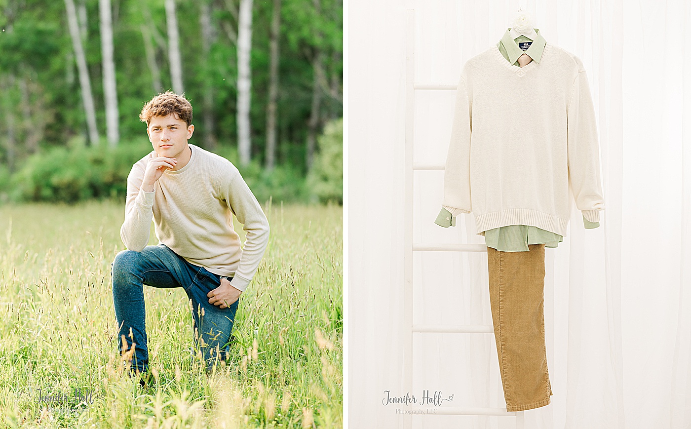 Boy with a beige long-sleeved Henley shirt outdoors, and a dusty sage dress shirt with a white sweater, a wafer tie, and tan corduroys.