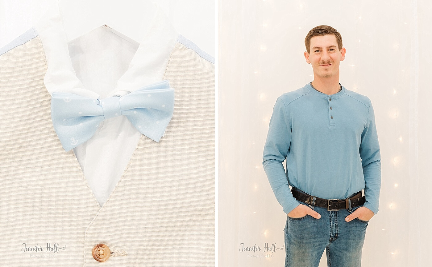 Boy’s white solid, collared shirt with a powder blue bow tie and a beige suit vest, and a man with a powder blue Henley shirt with a silver sand T-shirt and jeans to show what to wear for family photos.