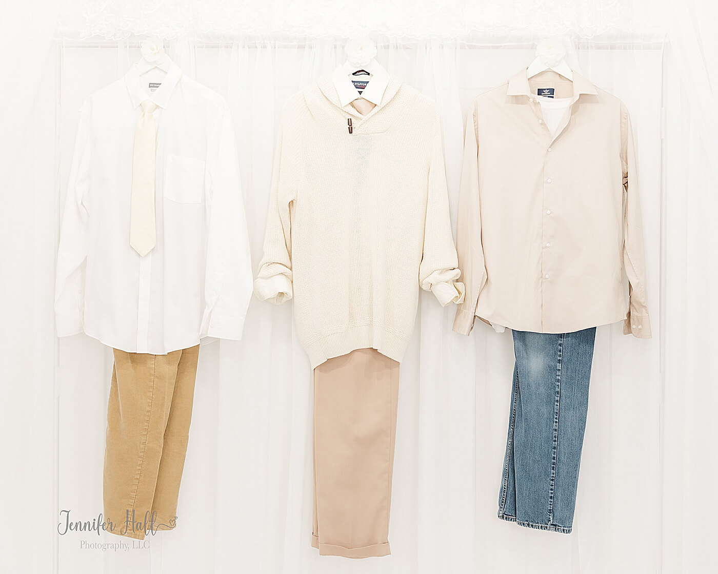 Slightly casual outfit with a white solid, collared shirt and tan corduroys; a formal outfit with a beige sweater and wafer khakis; and a casual outfit with a wafer solid, collared shirt and jeans for a man’s outfits for family photos.