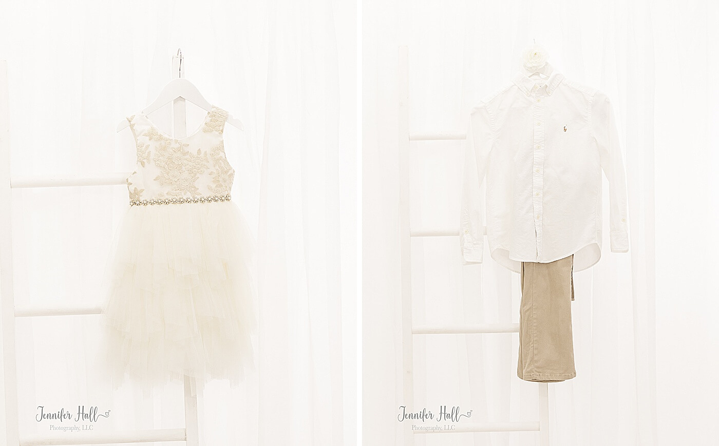 Cream dress for a little girl hanging on a white ladder, and a white collared shirt with tan dress pants hanging in front of a white background in a studio.