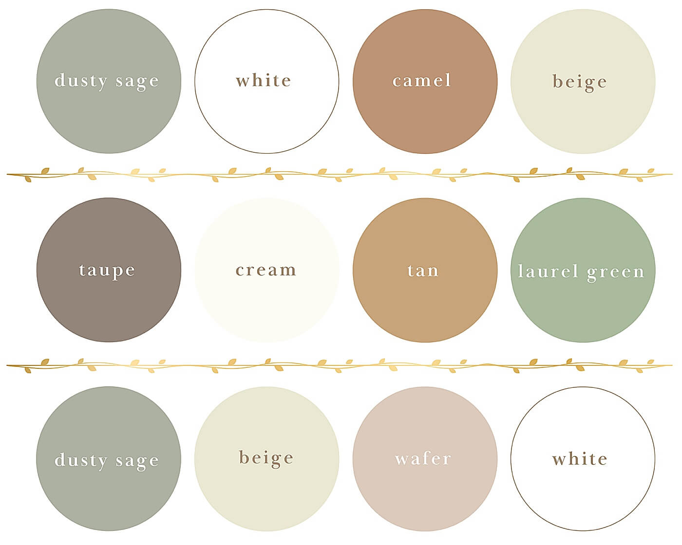 Dusty sage, white, camel, beige, taupe, cream, tan, laurel green, wafer, and white colors for a dusty sage, white, and tan color palette for fall family photos.