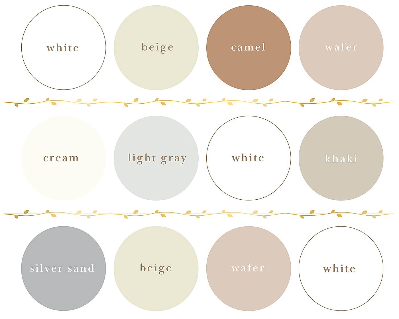 White, beige, camel, wafer, cream, light gray, khaki, and silver sand colors for a neutral beige and white color palette for fall family photos.