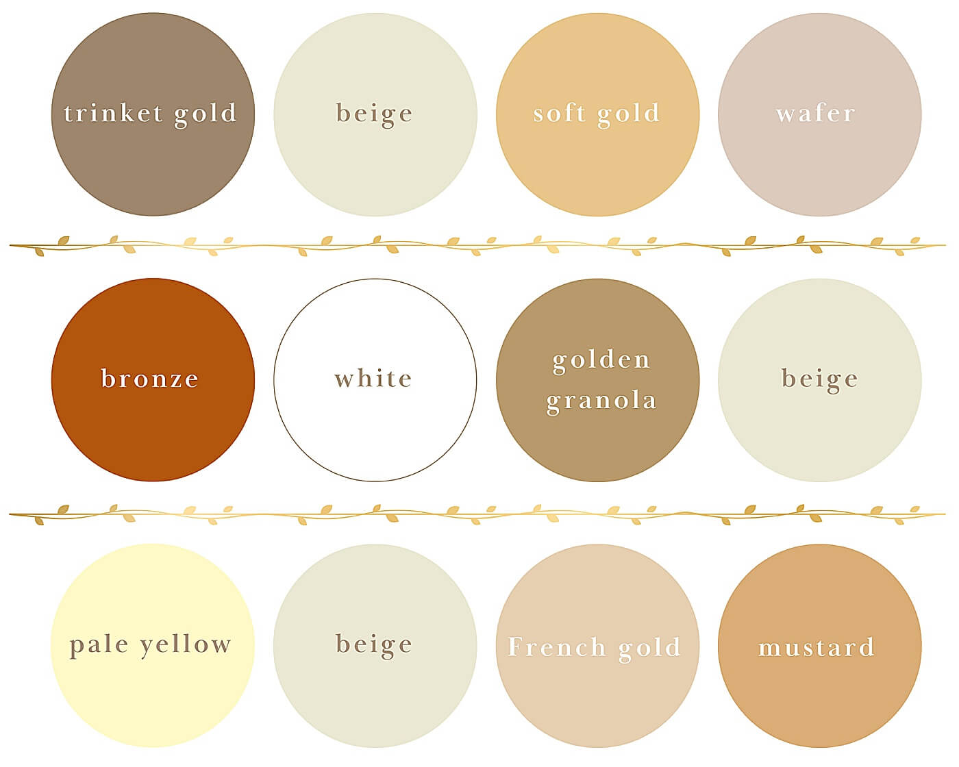 Trinket gold, beige, soft gold, wafer, bronze, white, golden granola, pale yellow, French gold, and mustard colors for a neutral gold, beige, and mustard color palette for fall family photos.