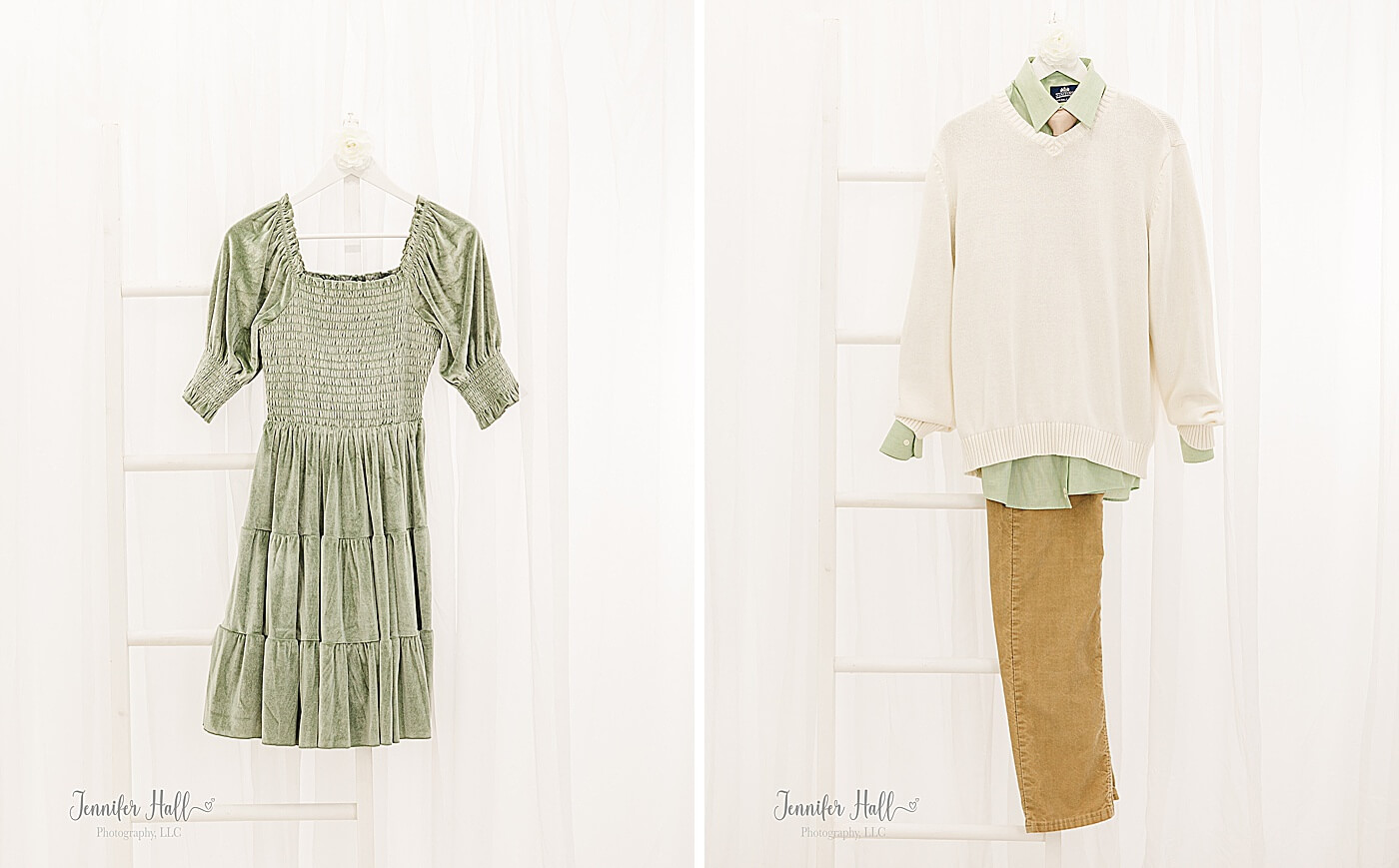 Dusty sage dress hanging on a white ladder, and a dusty sage solid, collared shirt with a white sweater in front of a white background.