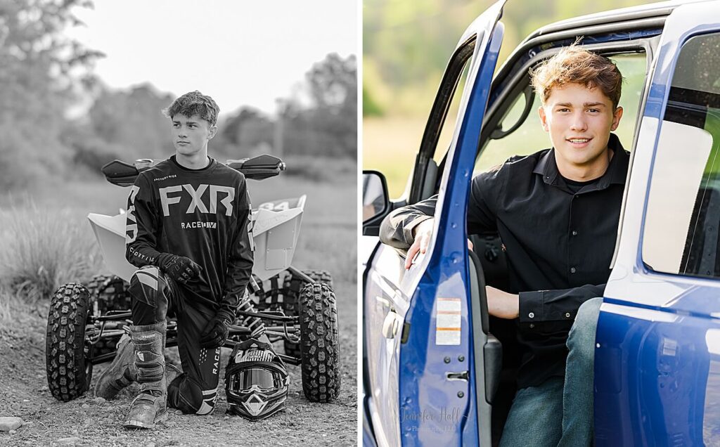 Senior guy kneeling in front of his four-wheeler on a dirt track and sitting in his truck in a field in Allegany, New York.