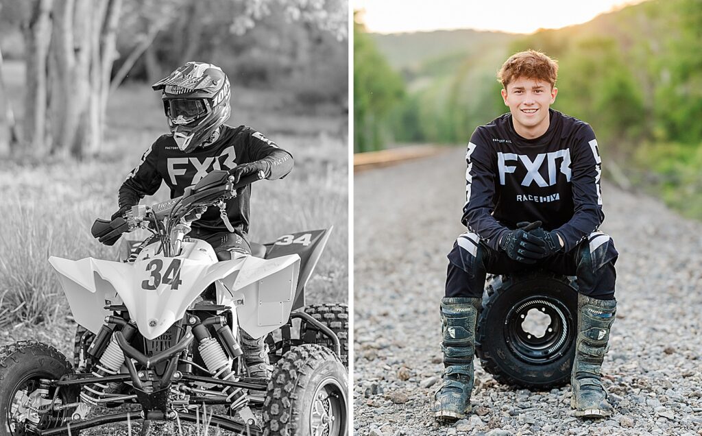 Senior guy sitting on his four-wheeler and sitting on a tire outdoors in Allegany, New York.