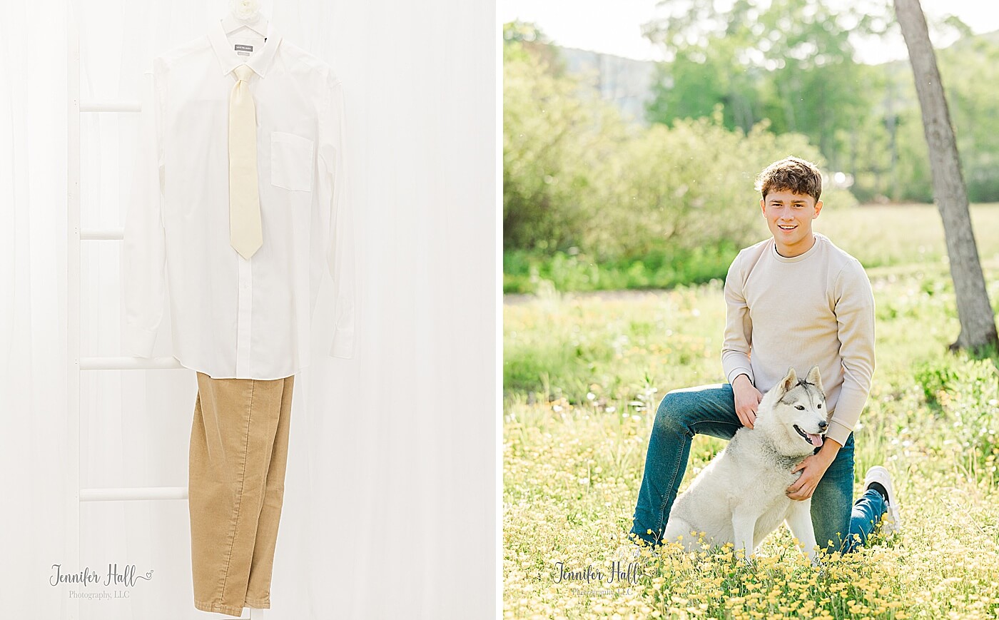 White solid, collared shirt with a pale-yellow tie and tan corduroys, and a senior boy with jeans kneeling in the grass outdoors.