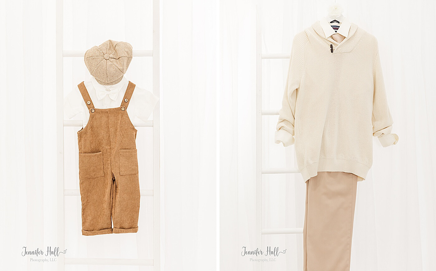 White solid, collared shirt with camel overalls, a white bow tie, and a French gold newsboy cap, and a white solid, collared shirt with a beige sweater, a wafer tie, and wafer khakis for a family portrait session.