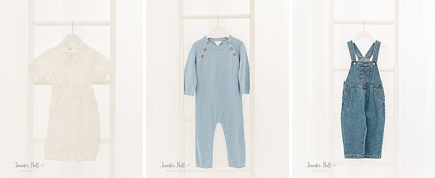 White solid, collared shirt with white dress bottoms and a white bow tie; a powder blue knit romper; and jean overalls for family portrait session outfit ideas for styling little boys.