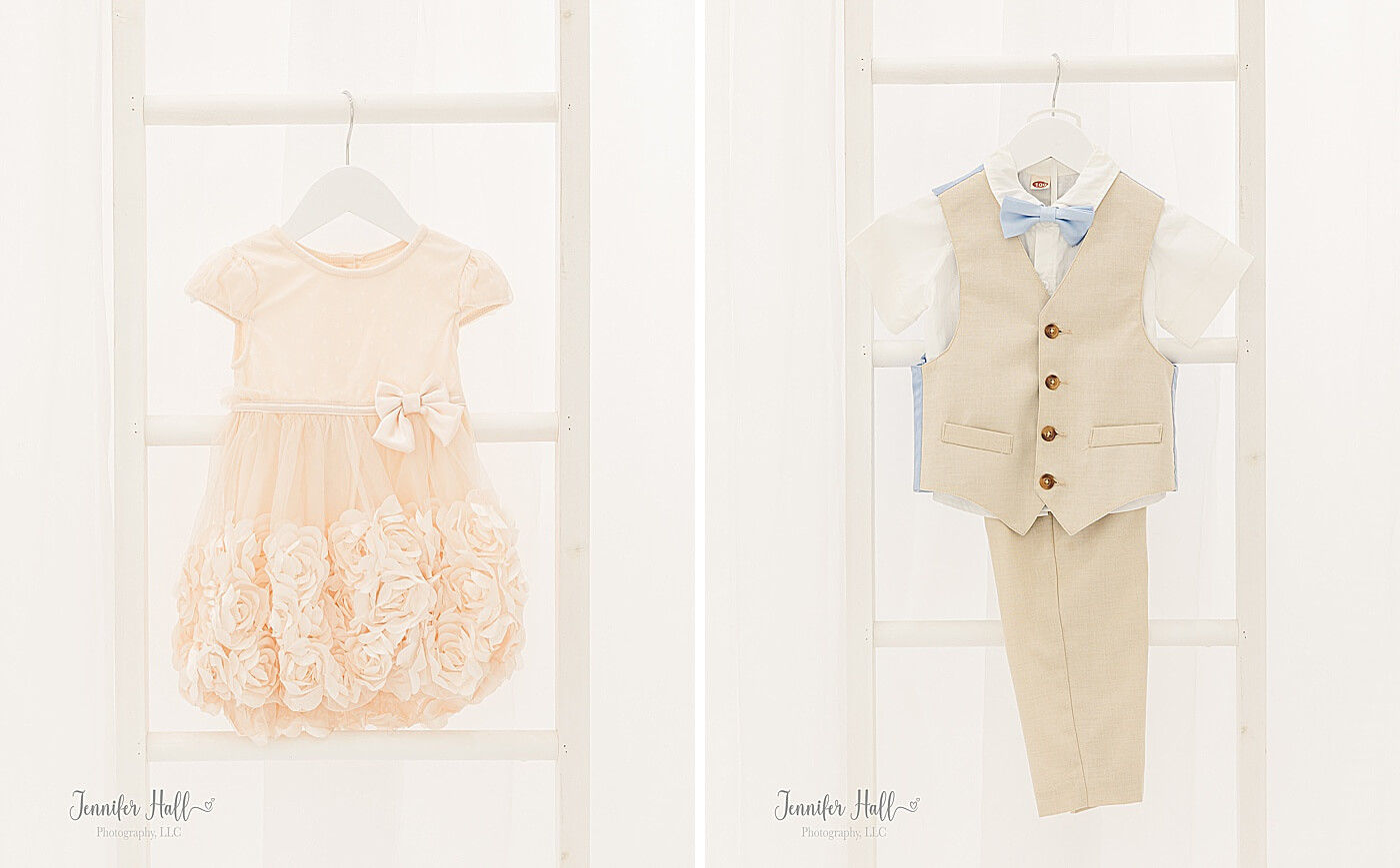 In a portrait studio, a vanilla blush dress for a little girl, and a beige suit vest with beige dress pants and a powder blue bow tie.