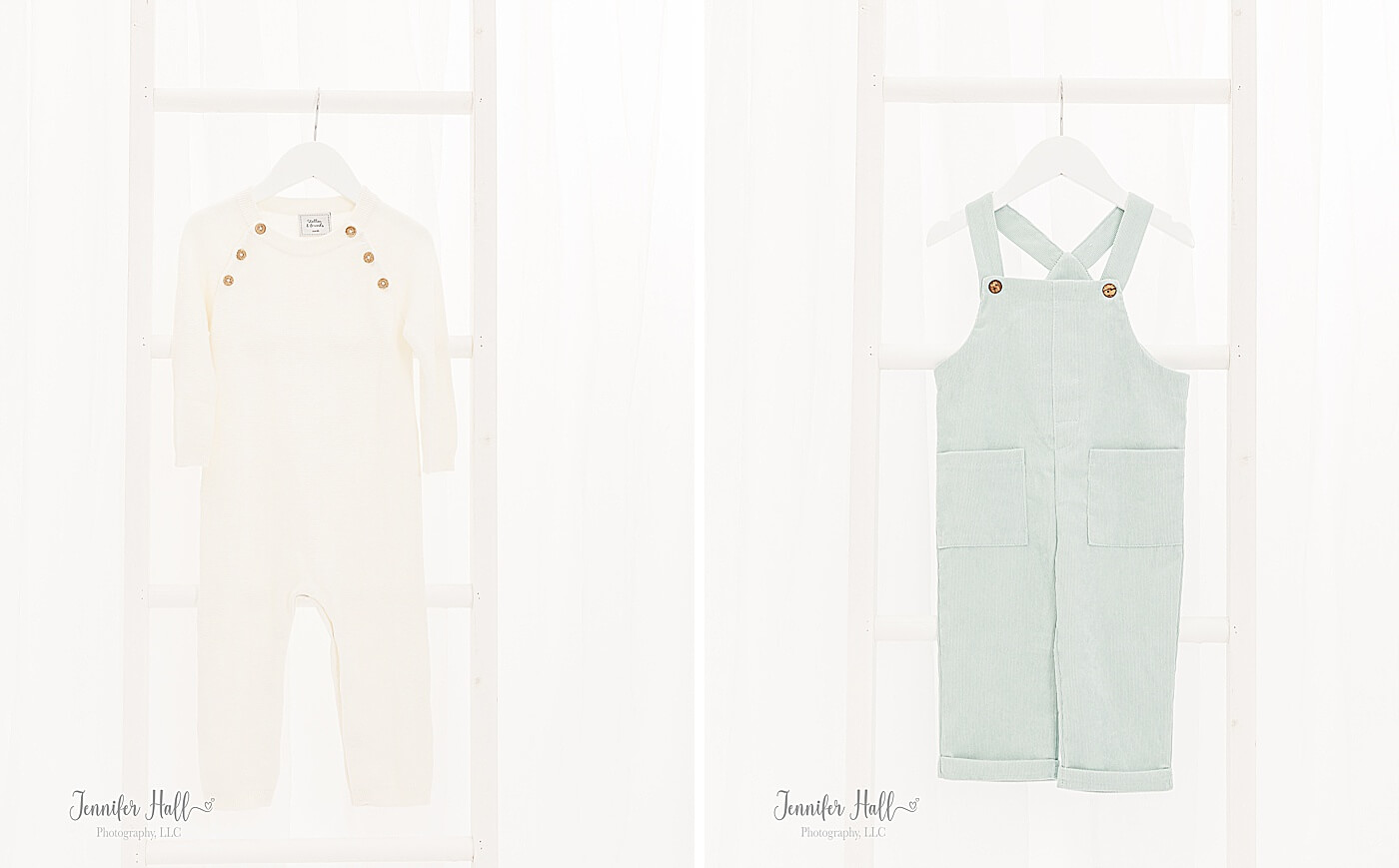 Cream knit romper and powder blue overalls for a little boy’s outfits for family portrait session outfit ideas.