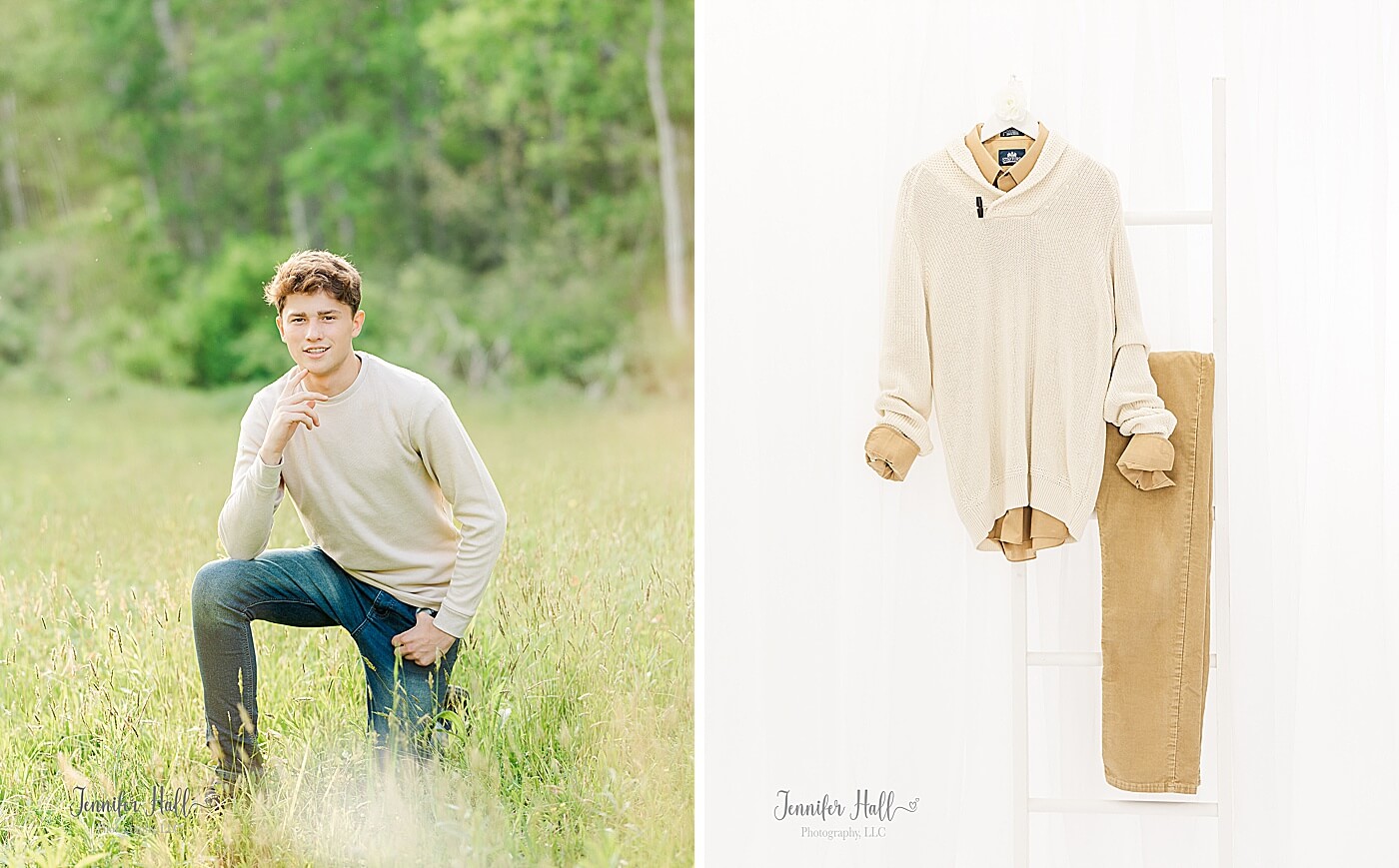 Senior boy with jeans and a beige Henley shirt kneeling in the grass, and a tan solid, collared shirt with a beige sweater and tan corduroys to show teen and senior boy portrait outfit ideas.