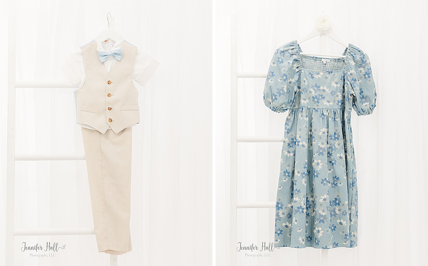 Powder blue, white, and navy dress for a girl and a beige suit vest with beige dress pants and a white collared shirt for a boy for family outfits.