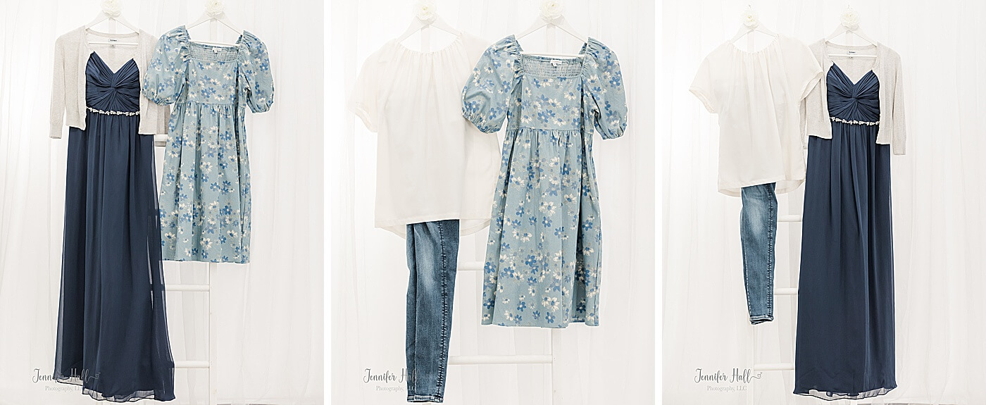 Long navy dress; a powder blue, white, and navy dress; and a white dress shirt with jeans for what she could wear for a family portrait session’s optional outfit change.