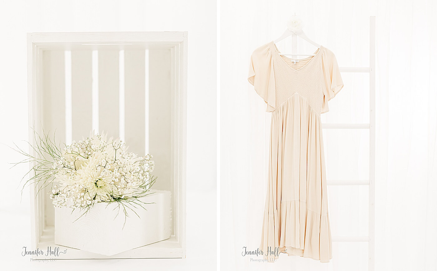 White flowers in a white box, and a flowy beige dress hanging on a white ladder for family photo girl outfits.