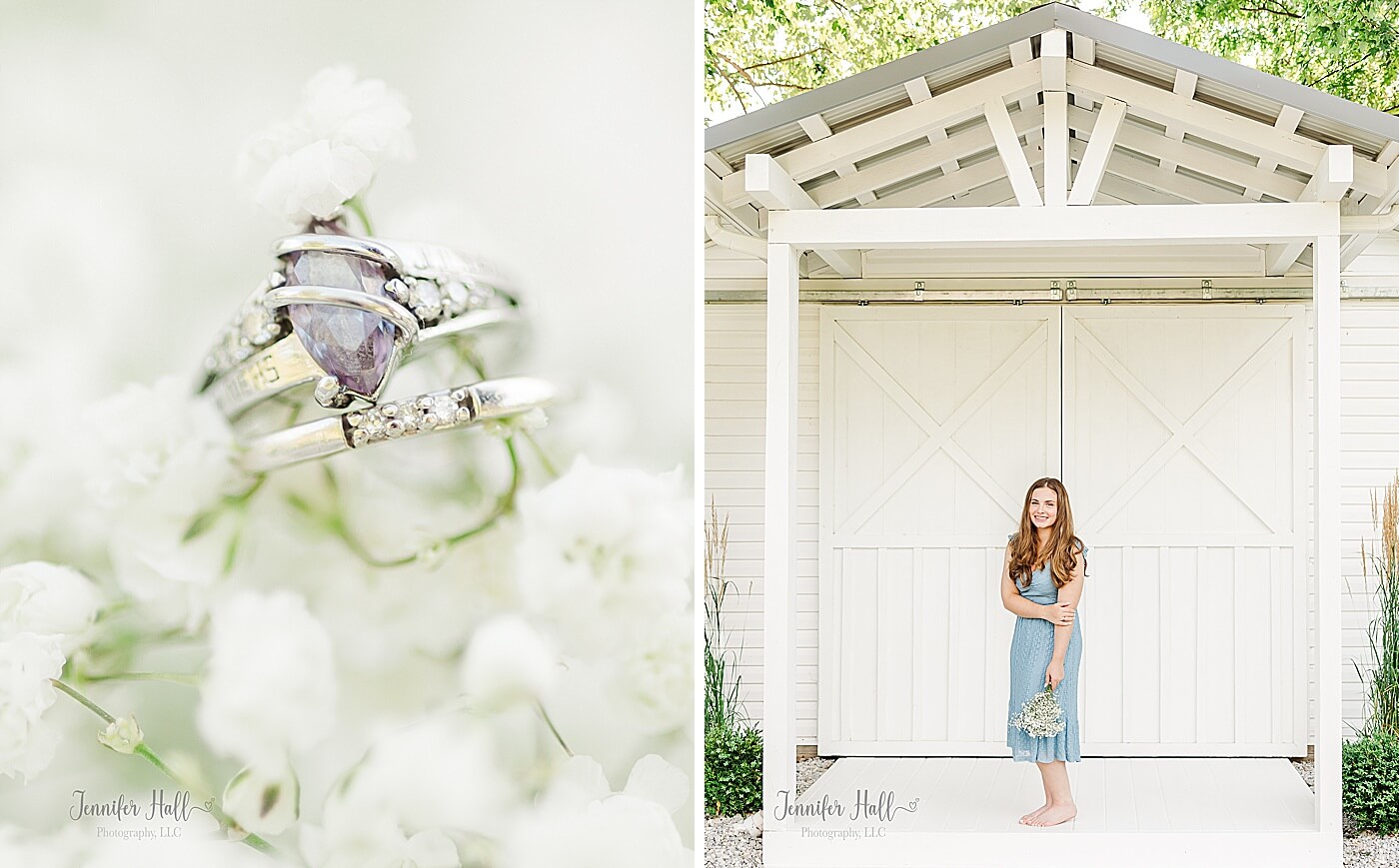 Silver ring laying in white flowers, and a senior girl with a powder blue dress standing outdoors and holding flowers, showing teen and senior girl portrait outfit ideas.