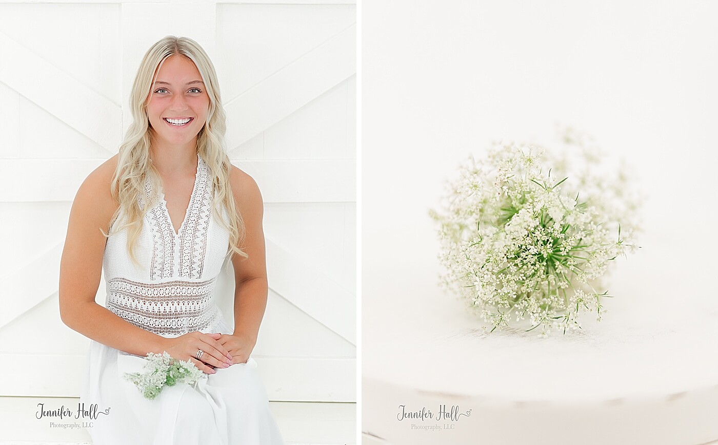 Girl with white flowers on her lap, and flowers layin down to show an accessory for girls' portrait outfits.