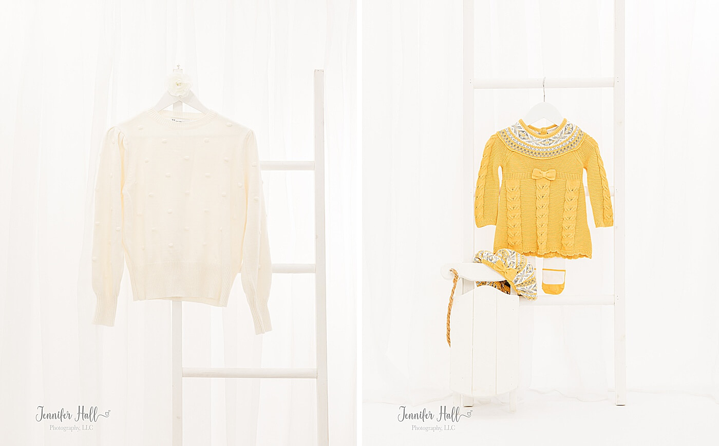 Cream sweater for a teen or senior girl's outfit during colder weather, and a mustard sweater dress with a beret for a little girl's outfit during colder weather.