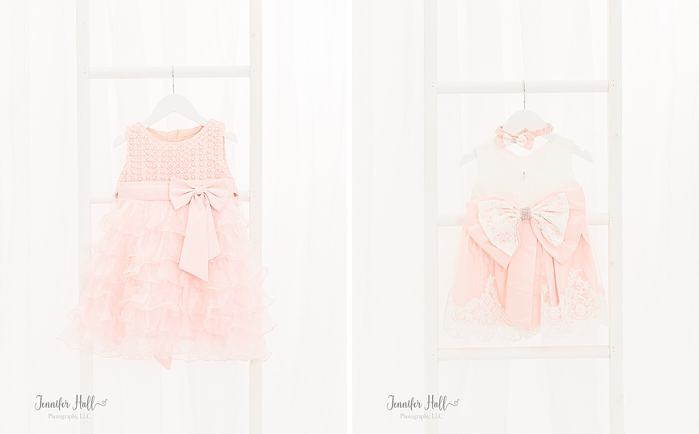 Vanilla blush dress with ruffles and a white and vanilla blush dress with a bow to show what a little girl could wera for family portrait session outfit ideas.