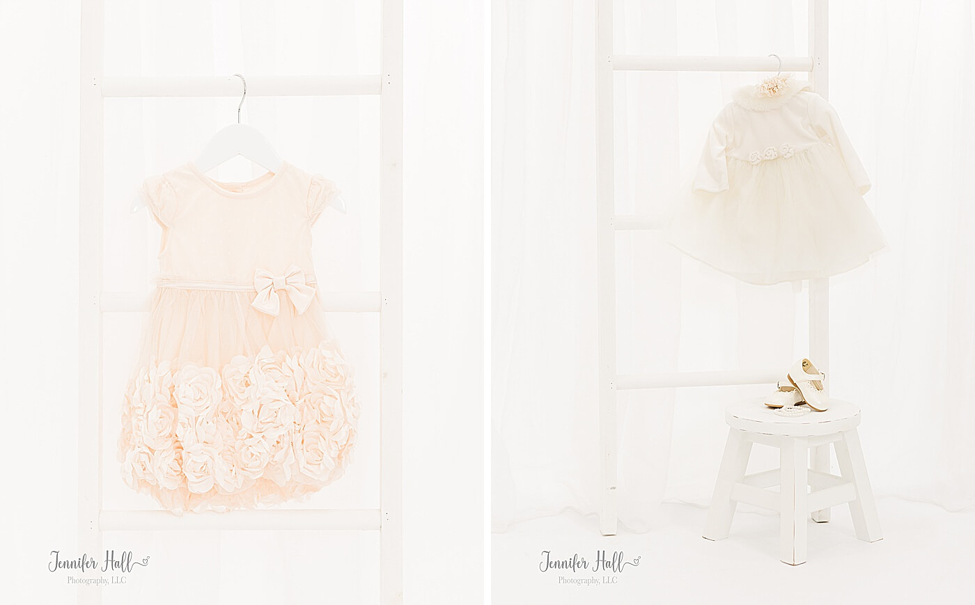 Little girl vanilla blush dress hanging on a white ladder, and a white dress hanging on a white ladder by tiny white ballet flats.