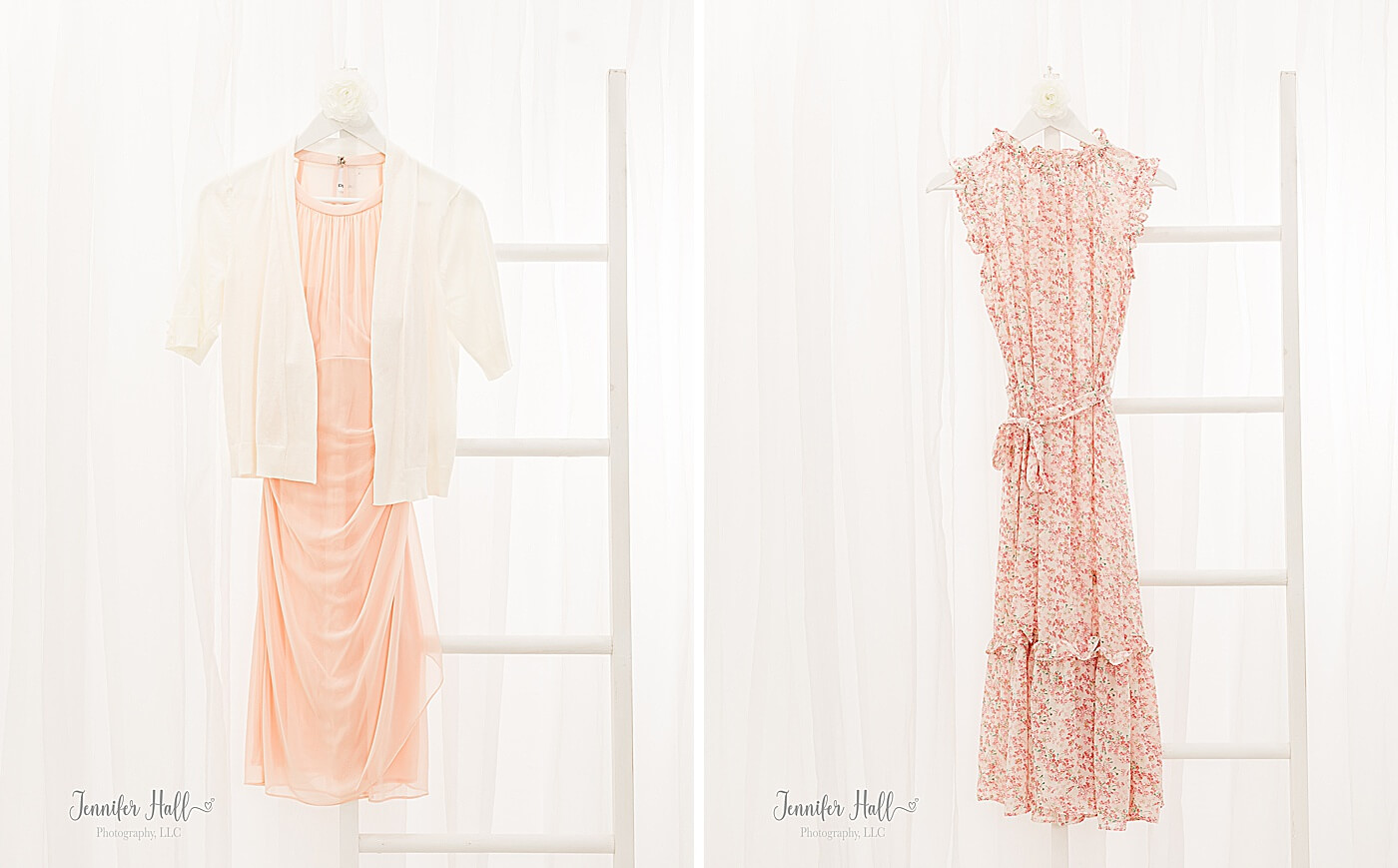 Vanilla blush dress with a white sweater, and a blush pink and white dress to show teen and senior girl portrait session outfit ideas.