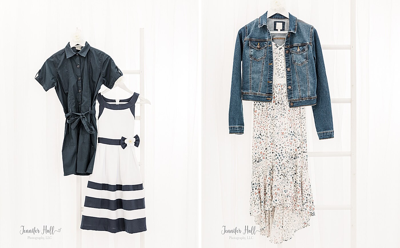 Older girls' outfits of a navy dress, white and navy dress, and white dress with a jean jacket to show family portrait session outfits ideas for styling older girls.