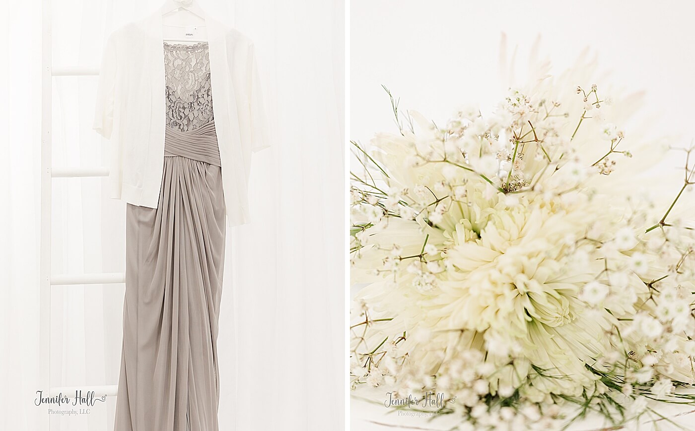 Long silver sand dresss with a white sweater hanging up in a family photo studio, and a bouquet of white flowers laying down.