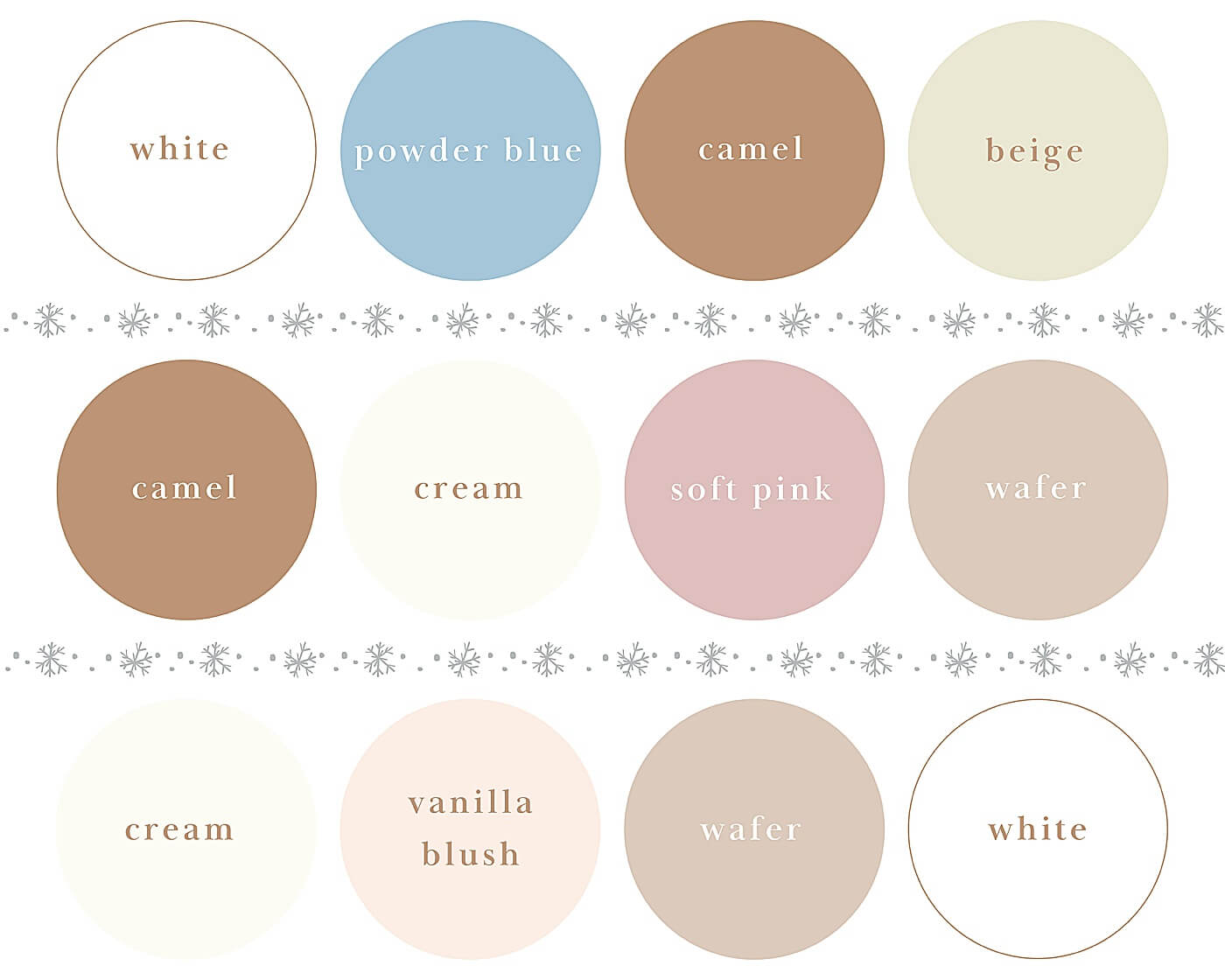 White, powder blue, camel, beige, cream, soft pink, wafer, and vanilla blush colors for what to wear for winter family photos.