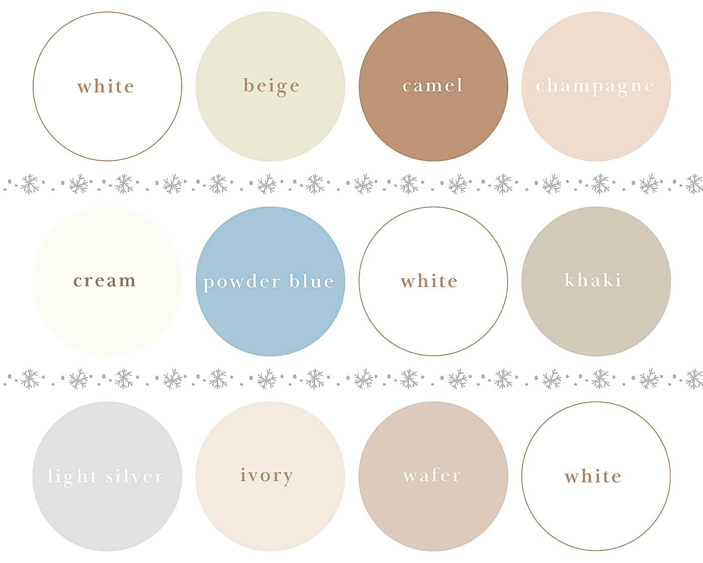 White, beige, camel, champagne, cream, powder blue, khaki, light silver, ivory, and wafer colors for family photo outfit colors for winter.