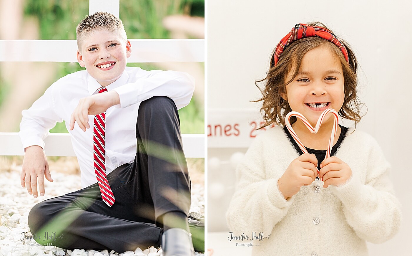 Boy sitting by a white fence outdoors, and a girl holding candy canes in the shape of a heart indoors.